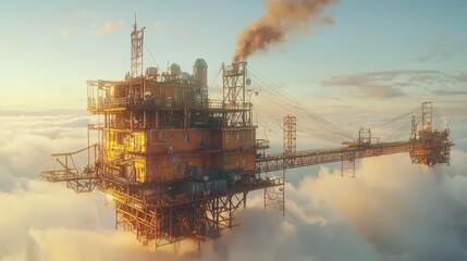 Obraz premium Oil Rig In Clouds With Sunrise and Smoke Emission In Background