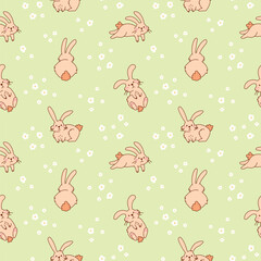 Cute Fluffy Bunnies Hand Drawn Seamless Pattern. Adorable Rabbits Frolic in Meadow. Playful Cartoon Background for Nursery Wallpaper, Easter Wrapping Paper, and Digital Projects
