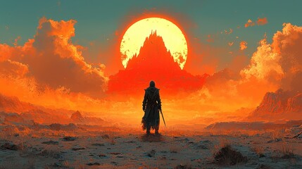 Obraz premium Lone warrior facing a fiery sunset and colossal castle.