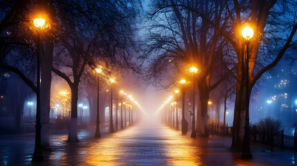 Foggy City Street at Night Illuminated by Streetlights