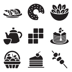 Fast food vector line bold icon set with text. Pizza, noodle soup, hot dog, popcorn, ice cream, chips, hot dog, donut, sandwich.Fast food vector icon set with text. Pizza, taco, hamburger, fries potat