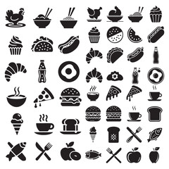 Fast food vector line bold icon set with text. Pizza, noodle soup, hot dog, popcorn, ice cream, chips, hot dog, donut, sandwich.Fast food vector icon set with text. Pizza, taco, hamburger, fries potat