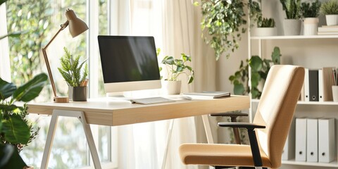 Cozy and Bright Home Office with Greenery and Modern Design Elements