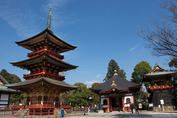 Naklejka premium Japanese people and foreigner traveler walking visit and praying in Daitou or Great pagoda of Naritasan Shinshoji Temple at Chiba Prefecture in Tokyo, Japan