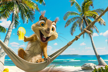A cartoonish, happy squirrel lies in a hammock on an exotic island under palm trees against the backdrop of the ocean with a glass of lemonade in her hand.