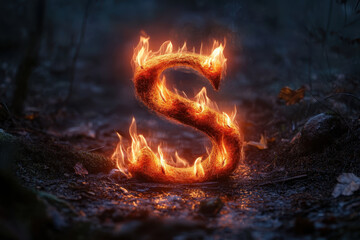 Burning letter "S" against dark backdrop, blazing with vibrant flames, striking contrast, bold and captivating.