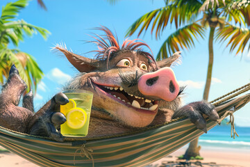 A cartoonish, happy warthog lies in a hammock on an exotic island under palm trees against the backdrop of the ocean with a glass of lemonade in his hand.