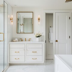A spacious bathroom featuring a white vanity with a double sink, gold fixtures, and a large frameless mirror. picture