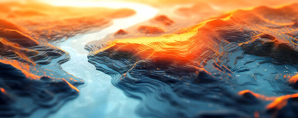 Sunset river, mountain range, aerial view