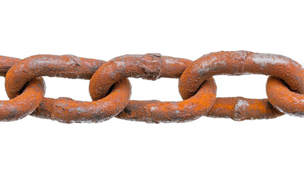 Rusty chain link, weathered metal texture, industrial theme, ideal for illustrating strength and connection concepts. Isolated on white background or PNG
