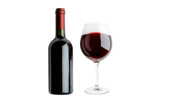 Glass of red wine with a transparent background and a wine bottle lying down