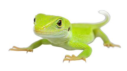 Fototapeta premium Vibrant green frog, small amphibian with glossy skin, perched on a smooth surface, ideal for nature-themed designs. Isolated on white background or PNG