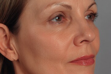 Fototapeta premium Before-and-after results of PRP skin treatment showing a close-up of smooth even-toned and wrinkle-free skin on a woman's face.