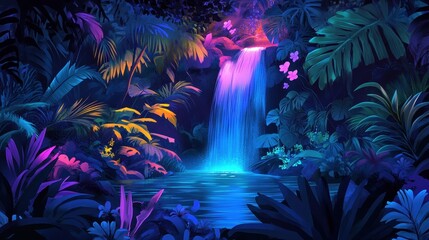 Fototapeta premium A Colorful Waterfall Cascades Down Amidst Lush Green Jungle Foliage