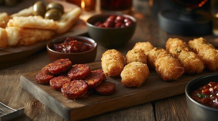 Delicious tapas assortment on rustic wooden table featuring chorizo croquettes and olives