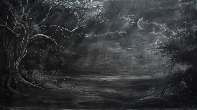 A chalk drawing of a moonlit forest with a large tree in the foreground.