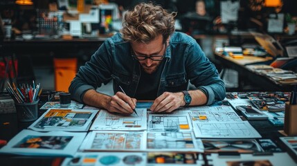 Fototapeta premium Focused designer sketching on papers at desk.