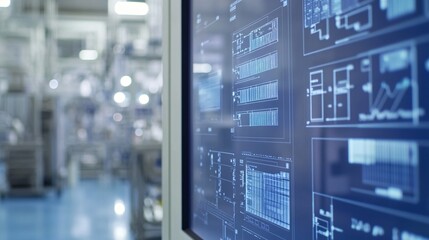 Close-Up of a Digital Screen Showcasing Semiconductor Manufacturing Data with Real-Time Graphs and Circuit Design Schematics