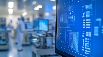 Fototapeta premium Close-Up View of Digital Screen Showcasing Semiconductor Manufacturing Data with Real-Time Graphs and Circuit Design Schematics