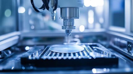 Close-Up of Robotic Arm Placing Silicon Wafer on Processing Platform with Intricate Machinery Details