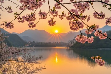 A serene sunset view over a lake framed by cherry blossoms.