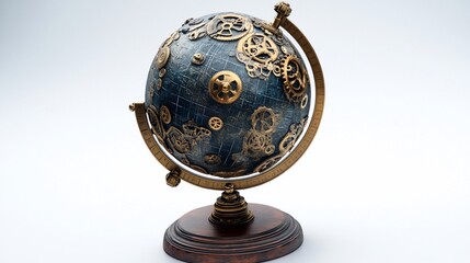 A detailed mechanical globe with golden gears on a white background presents an engineering marvel
