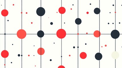 Abstract geometric pattern with red and black circles connected by lines on white background.