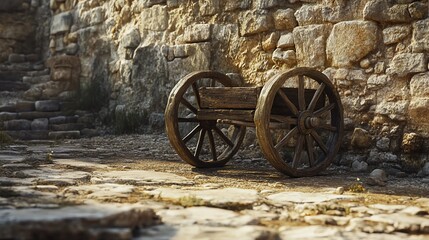 An old wooden cart stands against a rugged stone wall under the warm sunlight