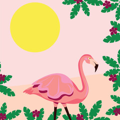 Hello Summer colored vector illustration with pink flamingo and leafs on yellow background. Vector Summertime poster. Hello Summer vector illustration. Hello Summer. 