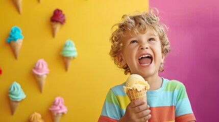 A young boy with curly blonde hair in a striped shirt happily eats ice cream.