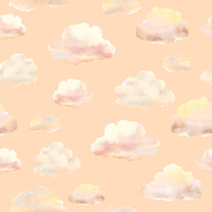 Soft pastel clouds scattered across a warm peach background create a calming atmosphere for various design purposes
