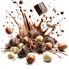 chocolate with hazelnuts, chocolate isolated on white background, Composition of flying pieces of chocolate, white background, isolated objects, realistic, cut chocolate