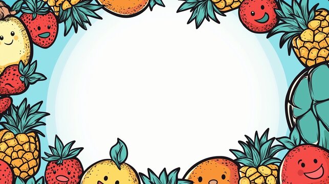 A bright and happy fruit frame with an empty center, bordered by cheerful pineapples, strawberries, oranges, and watermelons with fun, animated expressions. 
