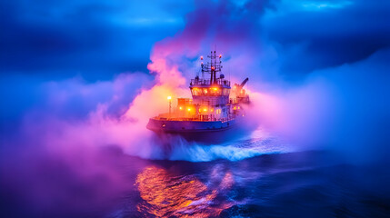 Obraz premium Tugboat navigating through a vibrant, colorful, foggy night sea