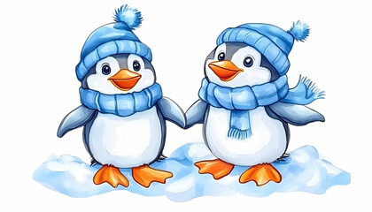 Obraz premium Two cute penguins in winter hats and scarves