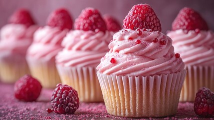 Pink raspberry cupcakes with frosting and sprinkles.