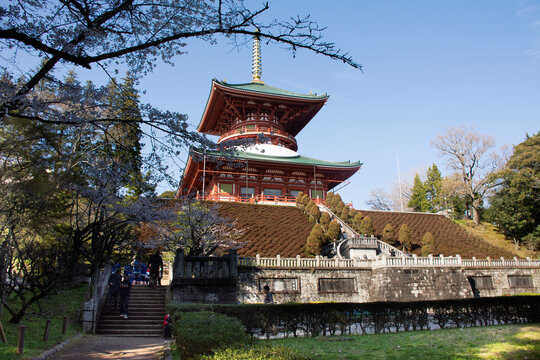 Japanese people and foreigner traveler walking visit and praying in Daitou or Great pagoda of Naritasan Shinshoji Temple at Chiba Prefecture in Tokyo, Japan
