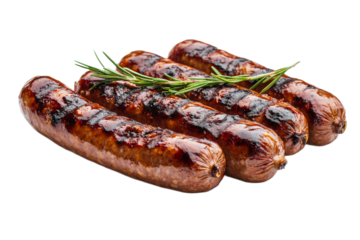 Juicy grilled sausages accompanied by fresh rosemary sprigs