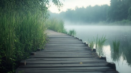 Serene Wooden Pathway by Misty Lake, Symbolizing Tranquility and Peace. Ideal for travel blogs, meditation apps, nature documentaries, and calming background visuals.