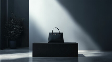Elegant black handbag displayed in a spacious gray studio setting with soft natural light