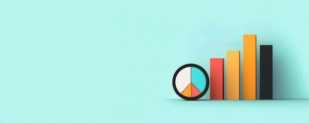 budget spending efficiency concept. Colorful bar chart with a pie chart on a mint background.
