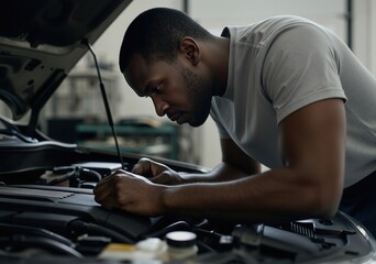 Young mechanic working on vehicle engine in a professional garage