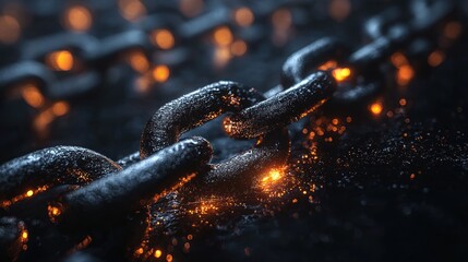 Glowing embers surround a broken metal chain link.