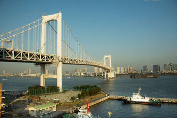 View landscape and cityscape Odaiba downtown and rainbow bridge from MRT train Rinkai Line go to tokyo big sight in Ariake town at Koto city in Tokyo, Japan