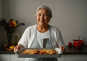 Smiling grandmother showing tray of freshly baked enchiladas in her kitchen