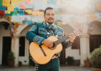 Mariachi musician playing a guitar in a traditional charro suit, celebrating mexican culture and music