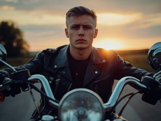 A young man in a leather jacket riding a motorcycle during sunset.