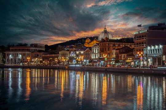 Lesvos Island, Greece - April 14, 2022 : Mytilene City night view from sea in Lesvos Island. Mytilene is the biggest city in Lesvos Island.