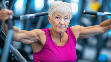Fototapeta premium Senior woman exercising and strength training in a gym