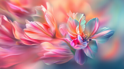 Fototapeta premium Colorful pastel background with flowers, featuring vibrant colors, a soft, misty atmosphere